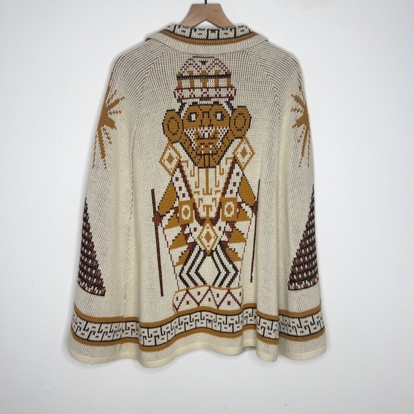 Vintage Tribal Knit Cape Poncho – Cream & Brown with Pyramid Motif One Size - Picture 10 of 10